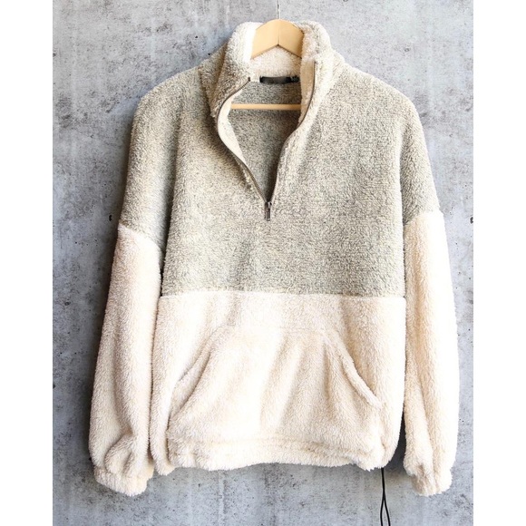 Taupe faux fur Sherpa half zip sweaters - Picture 4 of 4